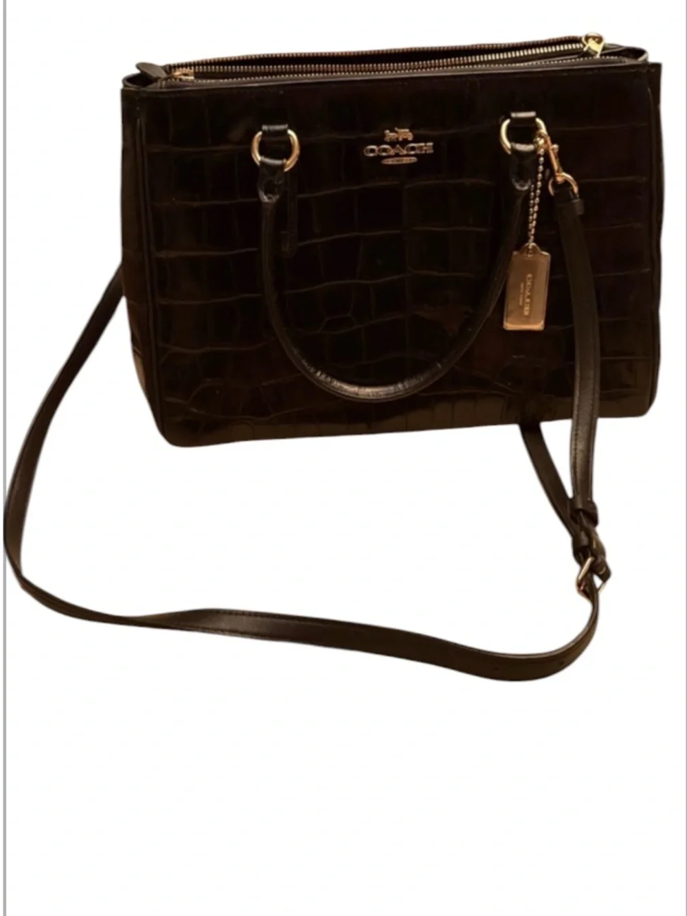 COACH Surrey Carryall Black Croc-Embossed Leather Satchel F48619